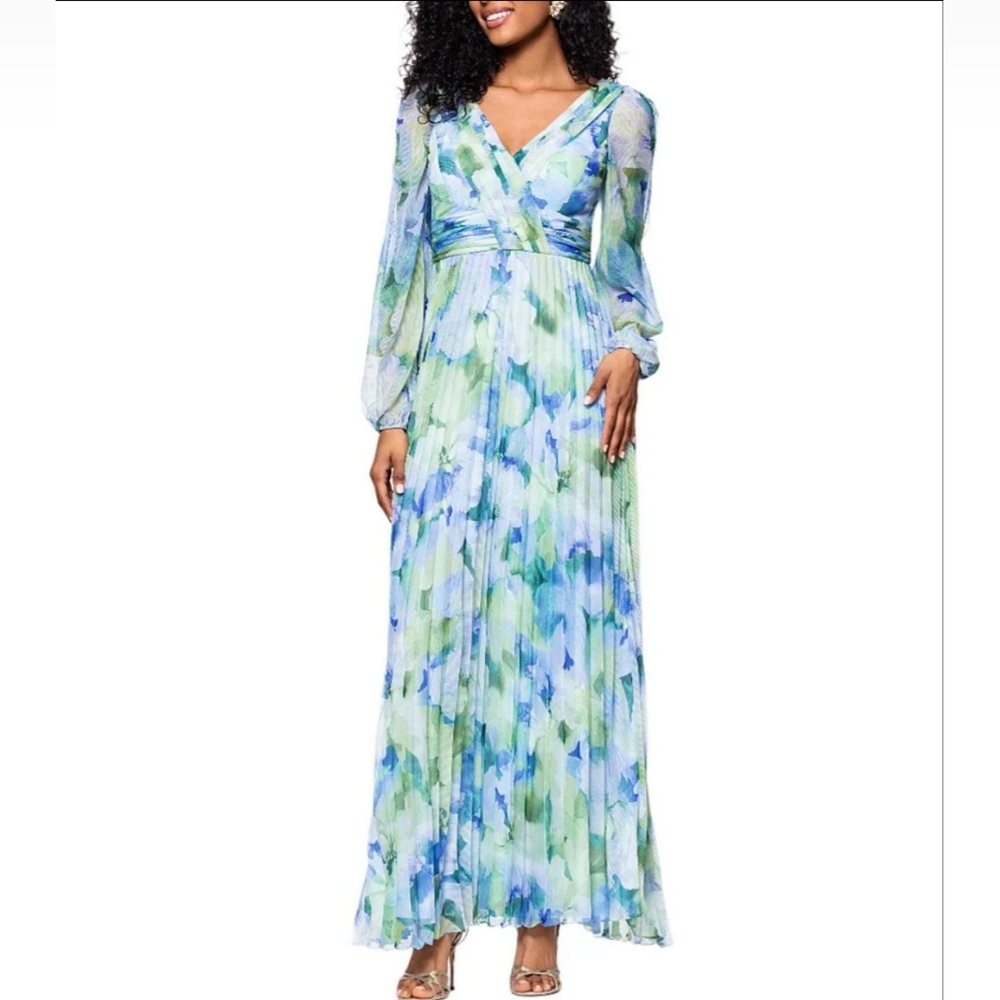 Betsy & Adam Pastel Blue and Green Floral Pleated Maxi Dress